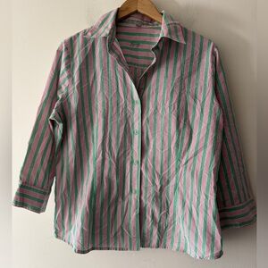 Foxcroft Women’s Fitted Green Pink White Striped Long Sleeve Shirt Button Down